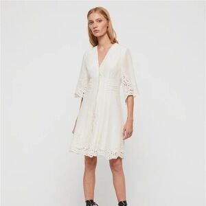 All Saints Una Broderie Chalk White V-Neck Dress Size 4 New